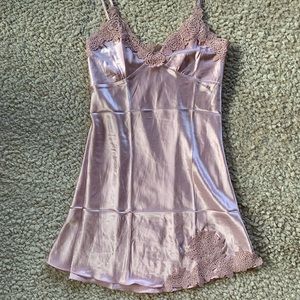 Light Blush Pink Satin Slip Dress with Embroidery Lace Trim & Neckline Size XXL